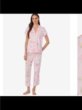 NWT Lauren Ralph Lauren women’s notch collar cropped pants pajama set pink XL
